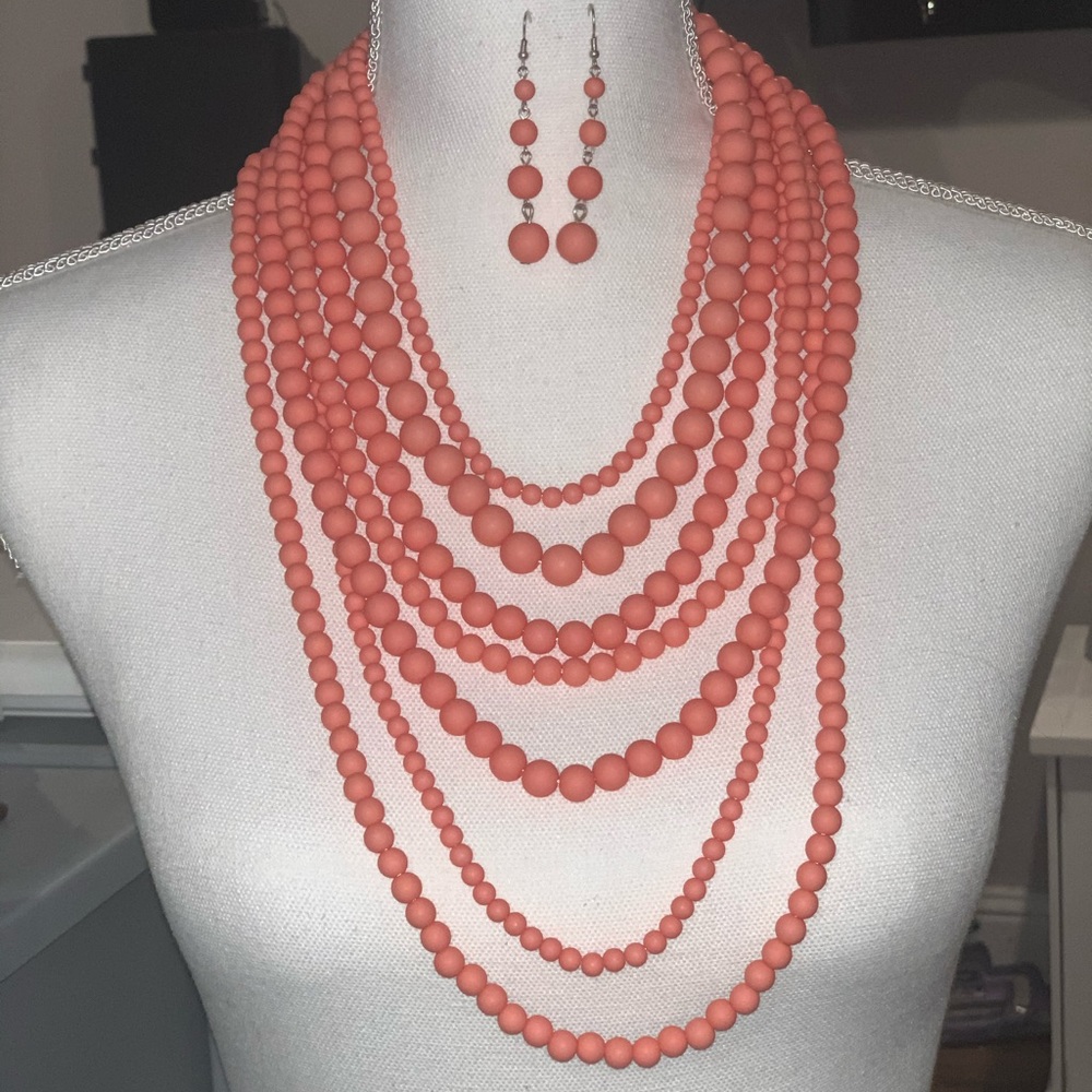 Coral Beaded Necklace & Earring Set